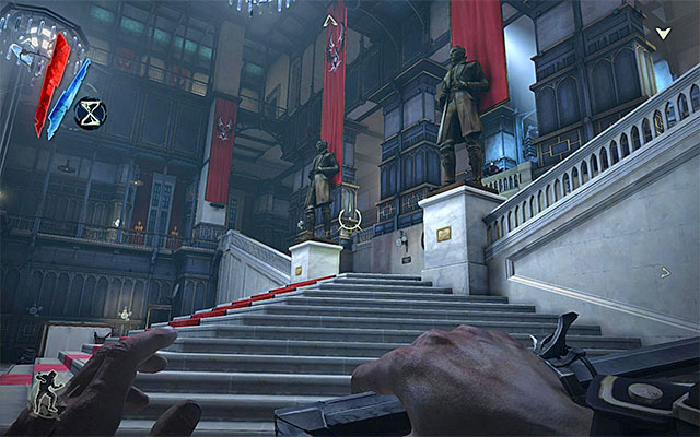 The easiest way to reach the first floor is through the stairs (the above screenshot) - Exploring the Dunwall Tower Ground Floor - Mission 6 - Return to the Tower - Dishonored - Game Guide and Walkthrough