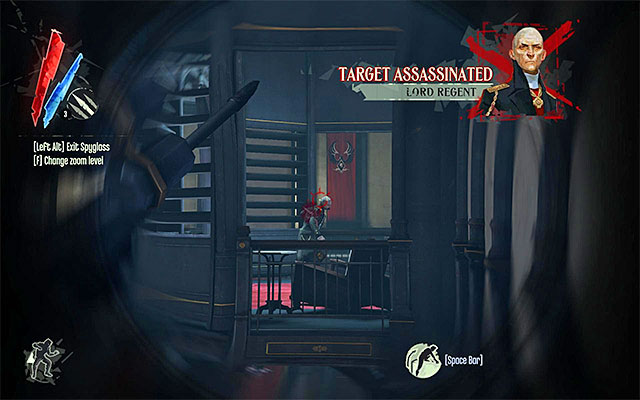 If you want to kill Lord Regent without alarm being raised, it is best to kill him as soon as he stops at the balcony (the above screenshot), or to shoot him from the side of the fireplace mentioned in the previous subsection - Choosing how to eliminate the Lord Regent - Mission 6 - Return to the Tower - Dishonored - Game Guide and Walkthrough