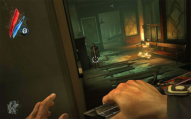 Take your time now, because the first assassin is standing to the left of the entrance, and he should be facing you - Reaching Daud's chamber - Mission 7 - The Flooded District - Dishonored - Game Guide and Walkthrough