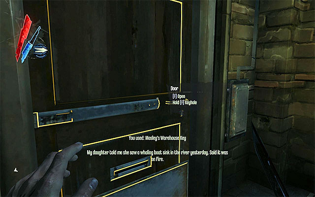 It's best to use the key right away to open access to the room located on this floor of the warehouse (the above screenshot) - Exploring the area around the quarantine wall - Mission 7 - The Flooded District - Dishonored - Game Guide and Walkthrough
