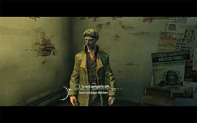 Only after you secure the area properly, return to Blake and choose the upper-right dialogue option during the conversation with him - Meeting the survivors - Mission 7 - The Flooded District - Dishonored - Game Guide and Walkthrough