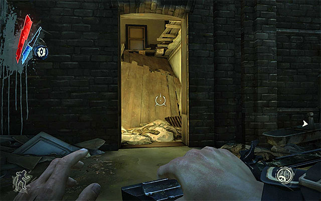 It is a way better idea to take the entrance to the building on the left, shown in the above screenshot - Reaching the sewer entrance - Mission 7 - The Flooded District - Dishonored - Game Guide and Walkthrough