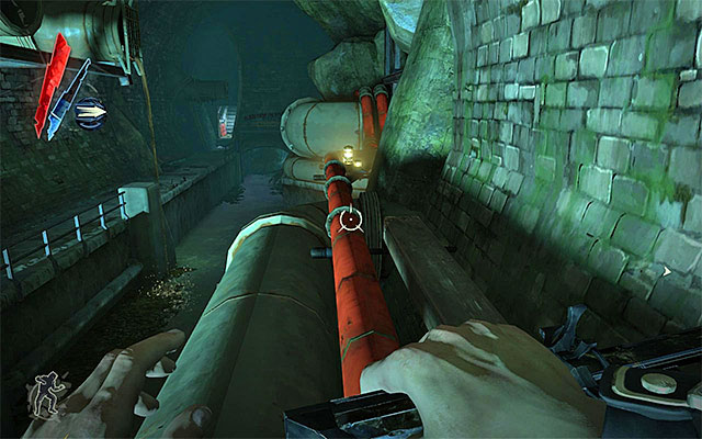 Explore the area to find some ammo, and jump onto the red pipe to get to the neighboring area of the sewers - Exploring the first part of the sewers - Mission 7 - The Flooded District - Dishonored - Game Guide and Walkthrough