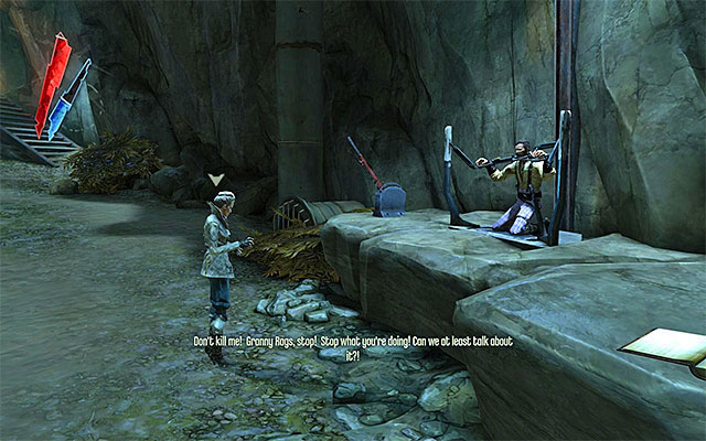 After you enter the cave, you will meet Granny Rags and you will find out that she managed to catch Slackjaw (the leader of the gang, for whom you might have already performed some missions), whom she intends to murder and make into a stew - Obtaining the access key to the second part of the sewers - Mission 7 - The Flooded District - Dishonored - Game Guide and Walkthrough