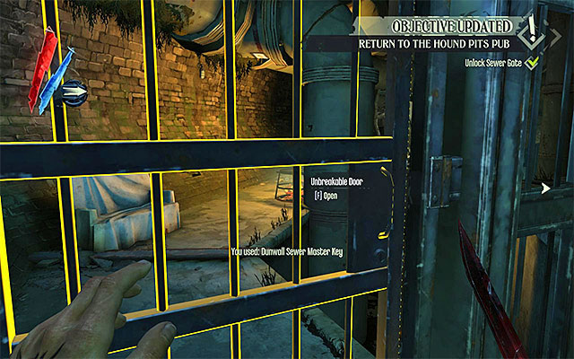 Reach the upper ledge, approach the locked gate and use the key that you obtained from Granny - Exploring the second part of the sewers - Mission 7 - The Flooded District - Dishonored - Game Guide and Walkthrough
