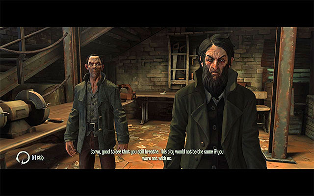 Start by exploring the upper floor of the workshop, and find food, a rune and an Audiograph - Piero Finds a New Ally - Meeting with Piero and Sokolov - Mission 8 - The Loyalists - Dishonored - Game Guide and Walkthrough