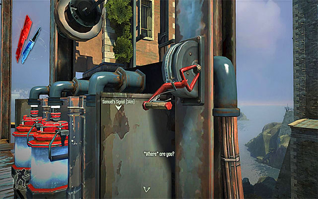 Once you reach the roof, put the tank down for a moment, and pull on another lever (the above screenshot), which will result in all three slots being exposed - Activating the arc pylon on the workshops roof - Mission 8 - The Loyalists - Dishonored - Game Guide and Walkthrough