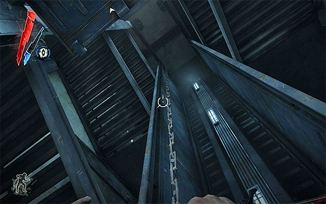 If you want to avoid enemy units at all costs, you, it's a good idea to grab onto the loose chain shown in the above screenshot and climb it - Reaching the Lighthouse elevator - Mission 9 - The Light at the End - Dishonored - Game Guide and Walkthrough