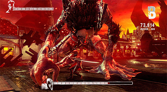 When he get stunned, run quickly toward him and make your hardest blows using melee weapon, weakening his head - Boss: Hunter - 1: Found - DMC: Devil May Cry - Game Guide and Walkthrough