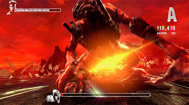 Continue attacking with pistols and (after stunning) melee weapon, defeat him and end a mission - Boss: Hunter - 1: Found - DMC: Devil May Cry - Game Guide and Walkthrough