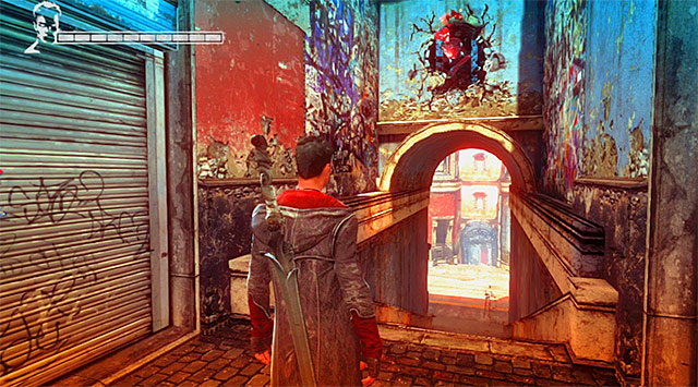 Jump down and use a passage under the destroyed camera - Reaching next cameras - 4: Under Watch - DMC: Devil May Cry - Game Guide and Walkthrough