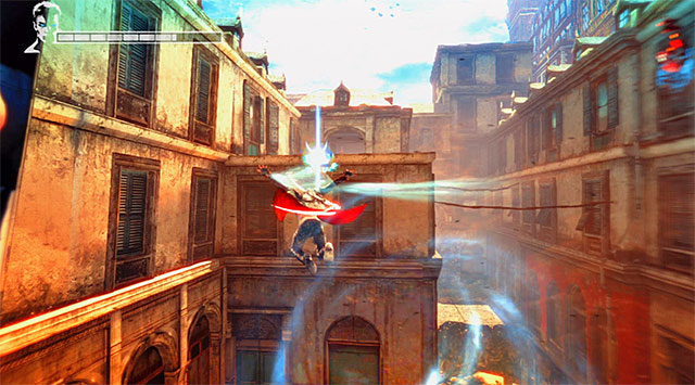 Return at the top of fountain and use Angelic Boost to get to a latch (screen) which you should catch with an angelic Pull - Reaching next cameras - 4: Under Watch - DMC: Devil May Cry - Game Guide and Walkthrough
