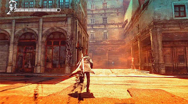 Jump down and locate a left alley shown on the screen - Destroying the third camera - 4: Under Watch - DMC: Devil May Cry - Game Guide and Walkthrough