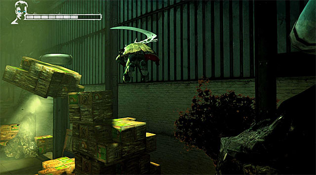 Stop when you reach boxes shown on the screen above and start climbing - Getting to the second warehouse - 5: Virility - DMC: Devil May Cry - Game Guide and Walkthrough