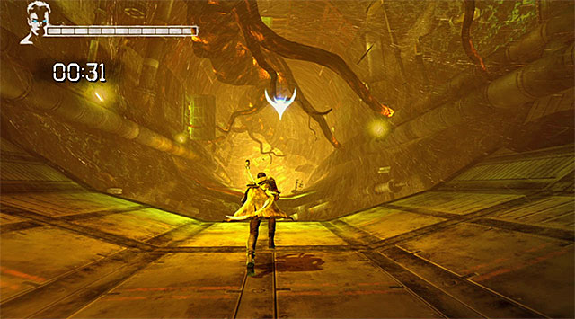 Jump over a smaller breach stopping at the edge of an abyss (screen above) - Escape from the tunnel - 6: Secret Ingredient - DMC: Devil May Cry - Game Guide and Walkthrough