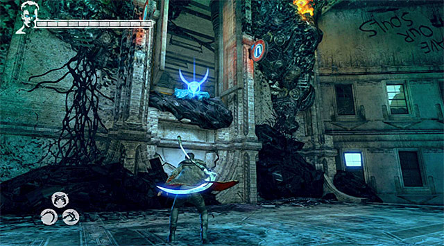 Start from using Angel Boost to return onto a shelf with prisoner and frighten attacking Harpies - Pursuit of harpies - part number one - 8: Eyeless - DMC: Devil May Cry - Game Guide and Walkthrough