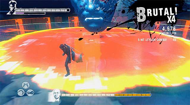When you notice that a red circle appear around a boss move away to not get hurt - Boss: Bob Barbas - first part of the battle - 10: Bad News - DMC: Devil May Cry - Game Guide and Walkthrough