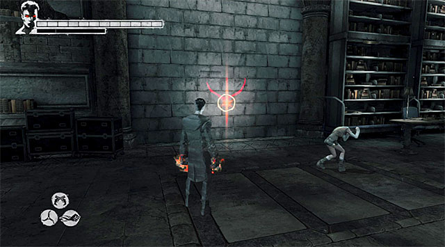 Do the same in the case of next two signs: this on the right pillar and this on the wall (screen above) - Protecting Kat - 12: Under Siege - DMC: Devil May Cry - Game Guide and Walkthrough