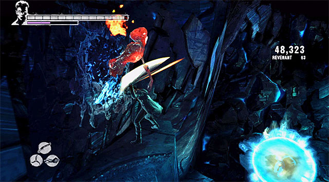 SECRET AREA: When the battle begins, ignore enemies and focus on reaching an upper rock shelf - Restarting the fourth generator - 18: Demons Den - DMC: Devil May Cry - Game Guide and Walkthrough