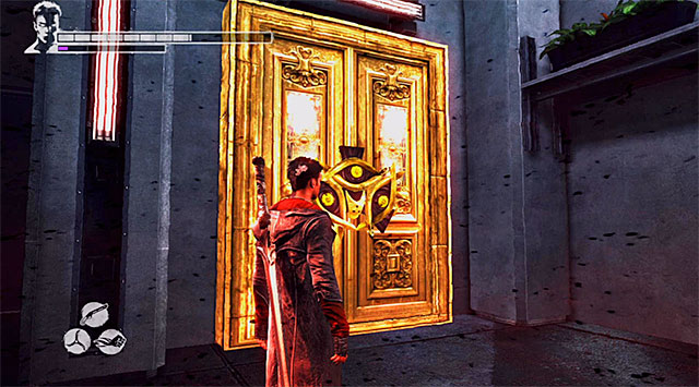 DOOR 1/2 (required Gold Key; bonus mission Extreme Traversal) - Door is at the very bottom on the staircase, to which you can get during searching a 106th floor - Mission 16: The Plan - Secret Doors - DMC: Devil May Cry - Game Guide and Walkthrough