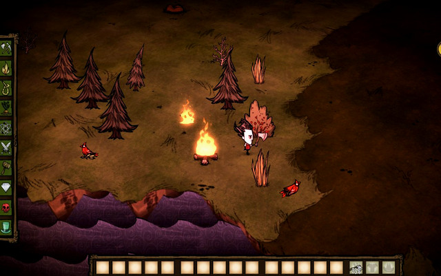 On the first day, you presumably won't manage to acquire rocks so, right before the nightfall, you need to kindle fire - Day one - The adventure begins - Dont Starve - Game Guide and Walkthrough