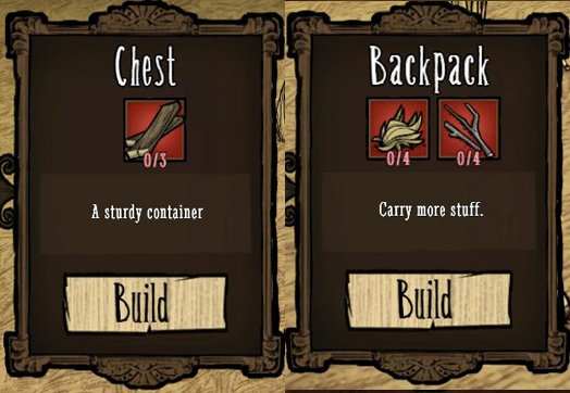 This means that what you should create is a Backpack and a Chest - Camp expansion - Setting up a camp - Dont Starve - Game Guide and Walkthrough