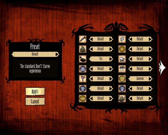 This is how the world generation menu looks like - List of Updates - Dont Starve - Game Guide and Walkthrough