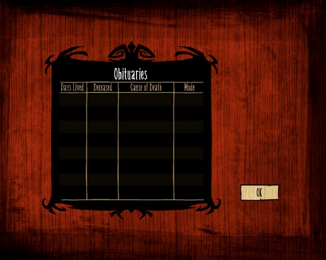 This screen keeps track of your unsuccessful attempts at staying alive in the game's world. - List of Updates - Dont Starve - Game Guide and Walkthrough