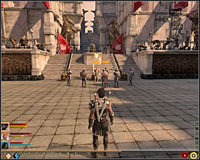 Choose the passage behind the Guardsman and eventually you will reach a much bigger courtyard #1 - The Destruction of Lothering - p. 2 - Prologue - Dragon Age II - Game Guide and Walkthrough