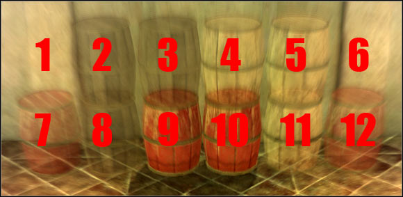 In order to solve this puzzle you have to rearrange all barrels in such way that four red barrels are next to each other and examples of such solution can be found on the side walls - Night Terrors - p. 1 - Act II - Dragon Age II - Game Guide and Walkthrough