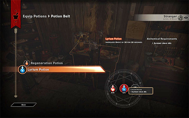 An example window for equipping potions - Potions, tonics and grenades - Combat - Dragon Age: Inquisition - Game Guide and Walkthrough