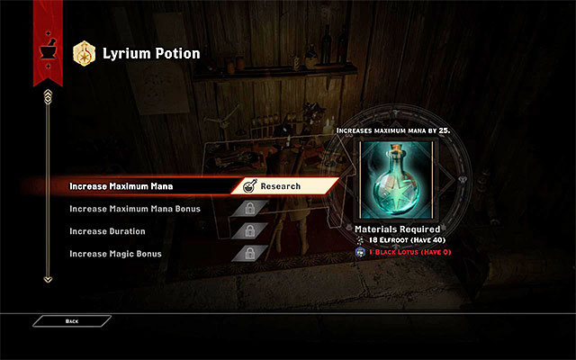 Potions upgrading window - Crafting and upgrading - potions, tonics and grenades - The basics of crafting - Dragon Age: Inquisition - Game Guide and Walkthrough
