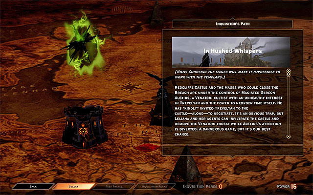 NOTE - taking further steps in this quest means taking up the attempts to obtain the support of the Rebel Mages (apostates) - In Hushed Whispers (siding with mages) - Main storyline quests (The Path of the Inquisitor) - Dragon Age: Inquisition - Game Guide and Walkthrough