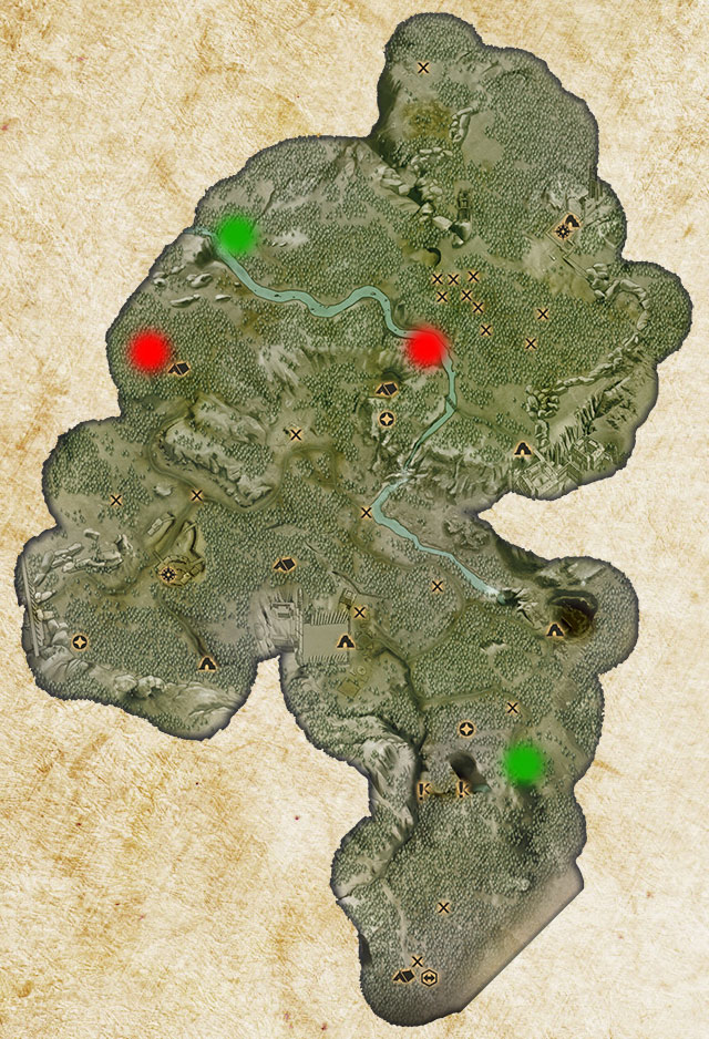 Two Logging Stands in Emerald Graves have been marked with green color - Quarries and logging stands - Dragon Age: Inquisition - Game Guide and Walkthrough
