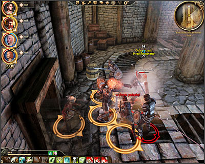 Howe's guards will stop you once you've entered the first area of the dungeon (M74, 2) and you won't be able to prevent them from attacking your team - Denerim - Saving the queen - Denerim - Dragon Age: Origins - Game Guide and Walkthrough