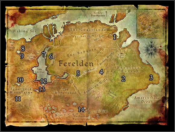 Main locations on the map - World Map 1: Ferelden - Maps - Dragon Age: Origins - Game Guide and Walkthrough