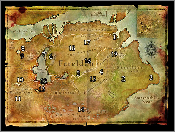 Locations on the map - World Atlas - Maps - Map 1: Ferelden - World Atlas - Maps - Dragon Age: Origins - Game Guide and Walkthrough