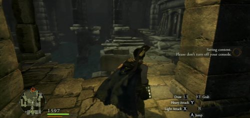 You'll find yourself in a large chamber with a fragmented floor - watch out for the water below because any contact with it means death - The Watergods Altar - Act II - Dragons Dogma - Game Guide and Walkthrough
