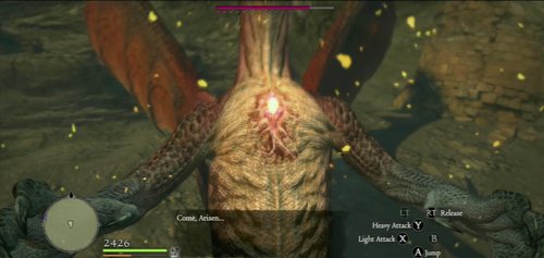 Holding onto its chest is generally a good idea in the second stage of the battle - the Dragon will often stand on its hind legs to use a powerful area attack - Dragon (Grigori) - Act VI - Dragons Dogma - Game Guide and Walkthrough