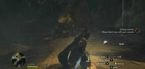 When you step into the deeper water (the side part of the cave), you'll be jumped by the leader of the Saurians - Deeper Trouble - Act I - Dragons Dogma - Game Guide and Walkthrough
