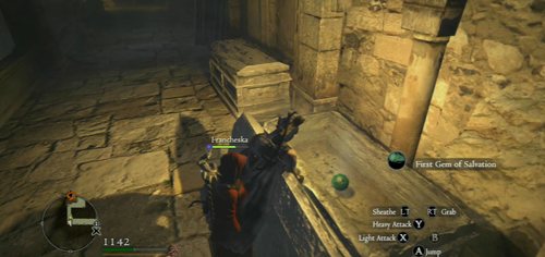 The first gem is inside one of the two sarcophagi next to each other - Rise of the Fallen - Act II - Dragons Dogma - Game Guide and Walkthrough