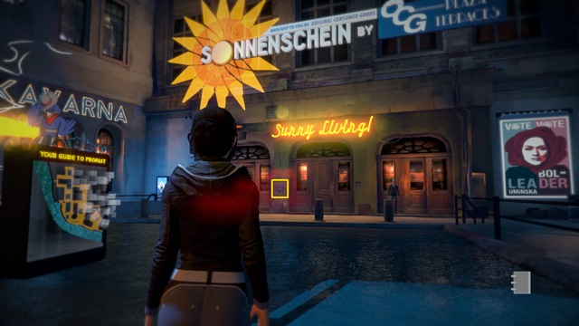 Go to the left to the building with sun neon - Return to Baruti at the election headquarters - Chapter Two: Awakenings - Europolis - Dreamfall: Chapters - Game Guide and Walkthrough