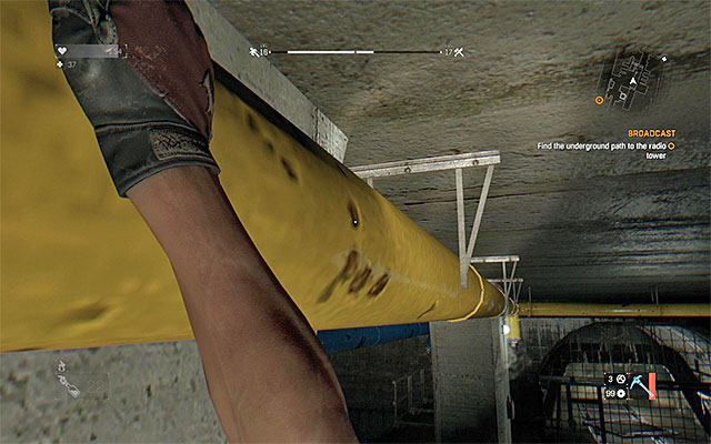 Look up and grab on to the yellow pipe shown in the above screenshot - 13: Broadcast - part 2 - Main quests - Antenna - Dying Light - Game Guide and Walkthrough