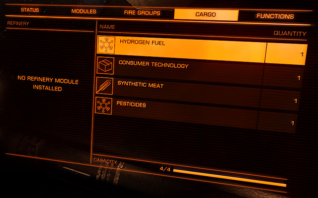 This screen shows the list of the cargo which you currently got on your ship - (Right) System Panel - Ship Interface - Elite: Dangerous - Game Guide and Walkthrough