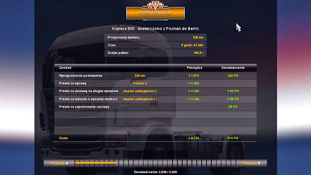 By completing order you earn money and gain experience points (EXP) - Experience - Driver - Euro Truck Simulator 2 - Game Guide and Walkthrough