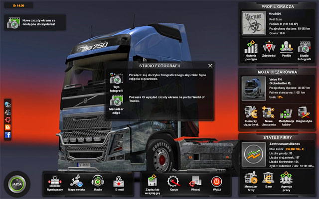 The photo studio allows you to make professional photos and send them to worldoftrucks - Photo studio - Interface - Euro Truck Simulator 2 - Game Guide and Walkthrough