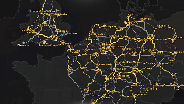 The widest map allows you for checking which cities have you explored - World of the game - Map - Euro Truck Simulator 2 - Game Guide and Walkthrough