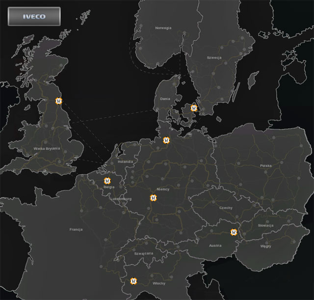 The map shows IVECO shops (includes expansions Poland and Scandinavia). - Truck dealers: DAF, IVECO, MAN - mapy - Truck dealers - Euro Truck Simulator 2: Scandinavian Expansion - Game Guide and Walkthrough