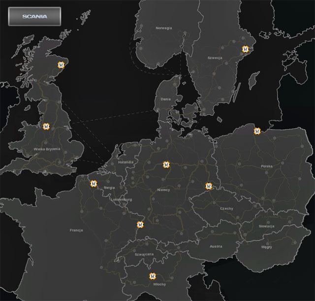 The map shows Scania shops (includes expansions Poland and Scandinavia). - Truck dealers: Majestic, Renault, Scania, Volvo - maps - Truck dealers - Euro Truck Simulator 2: Scandinavian Expansion - Game Guide and Walkthrough