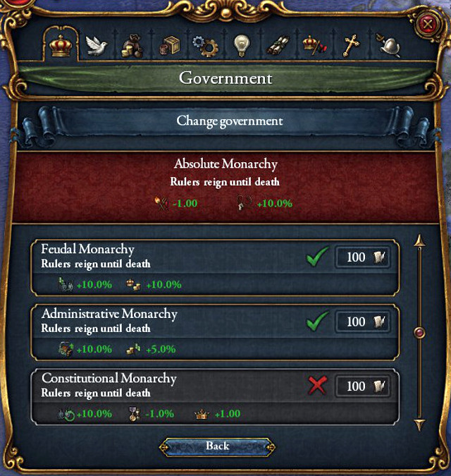 You can change the political system by clicking the crown icon in the Government tab - Dynasty and political system - Administration - Europa Universalis IV - Game Guide and Walkthrough